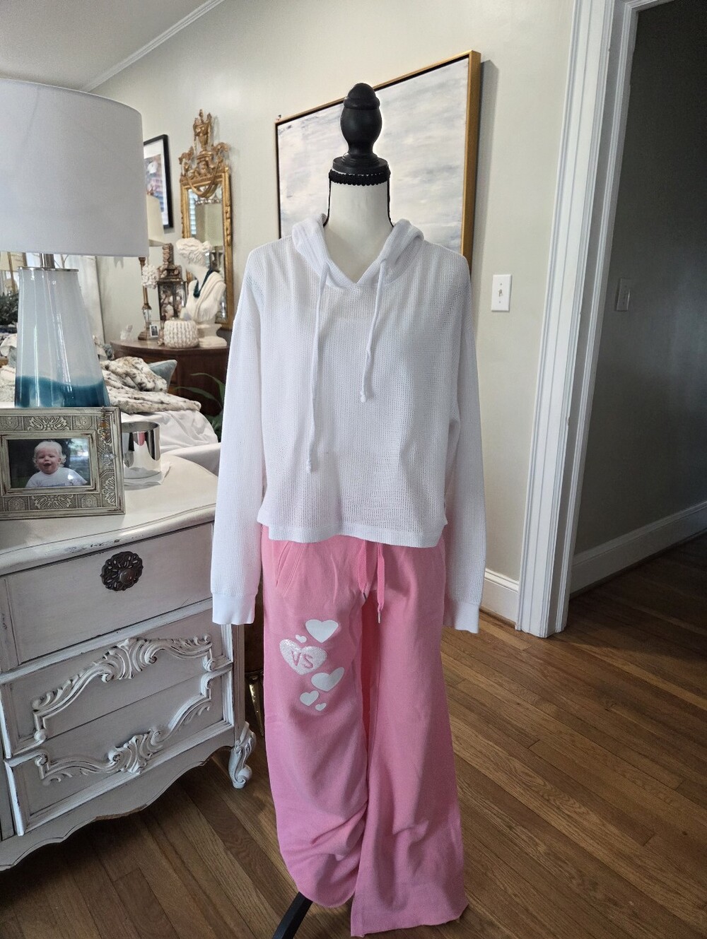 Victoria's Secret PINK White Waffle-Knit Pullover Hoodie | Size Medium
